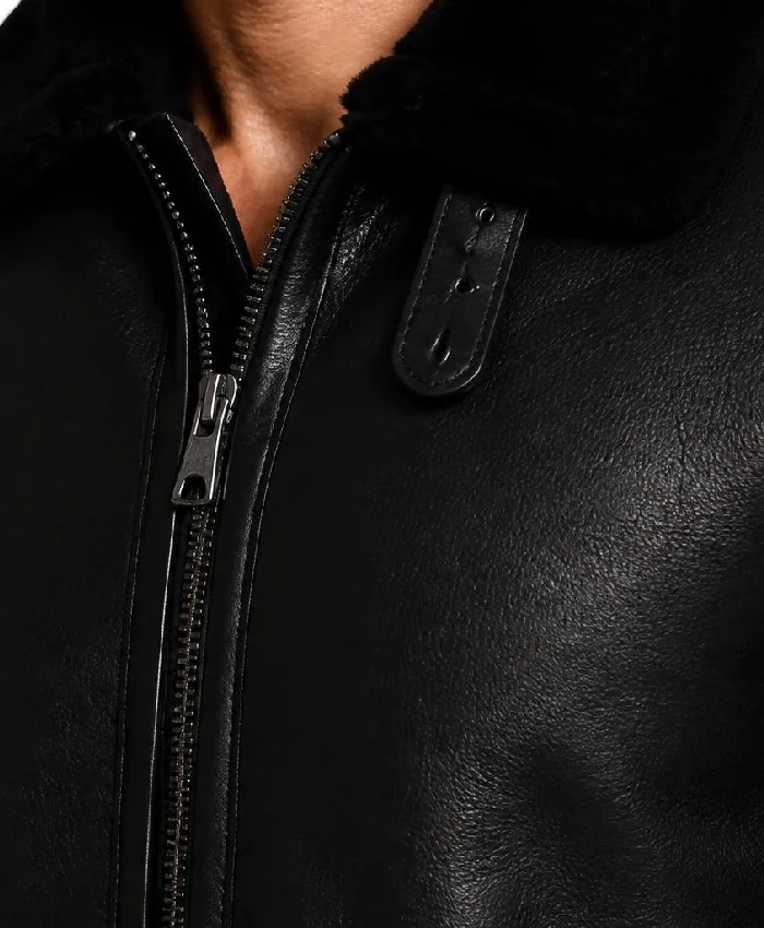 Men B-3 Black Aviator Shearling Fur Sheepskin Leather Jacket