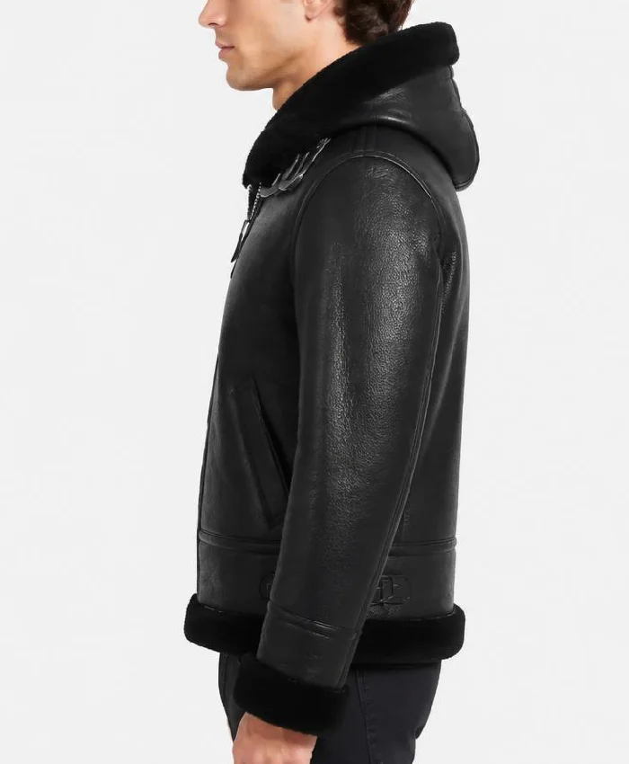 Men B-3 Black Hooded Leather Jacket
