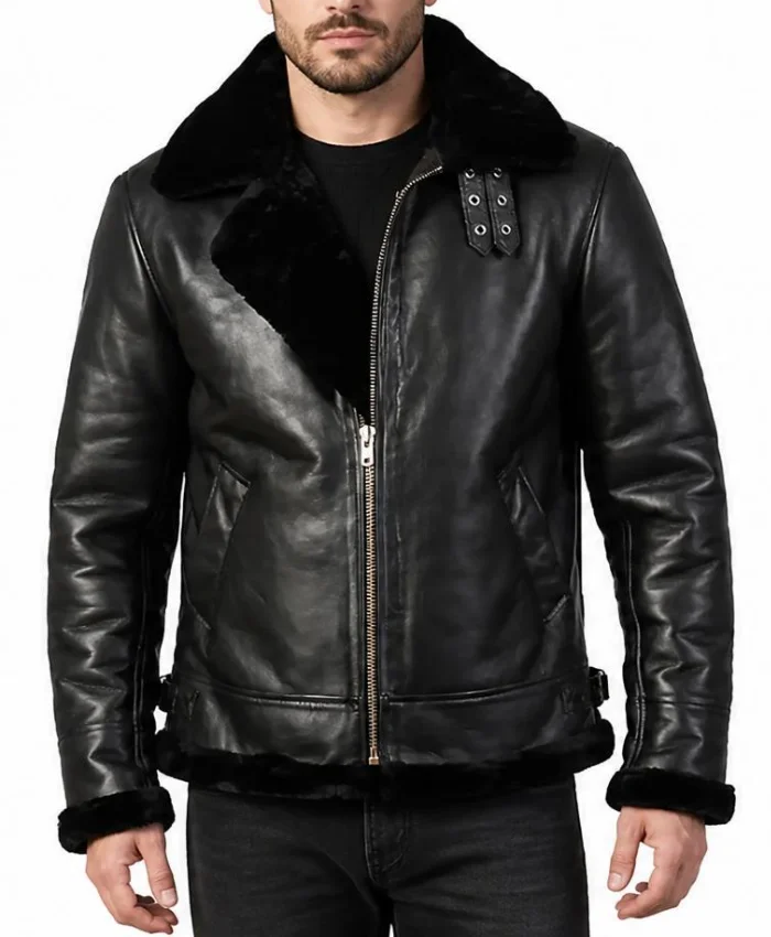 Mens B-3 Black Leather Jacket