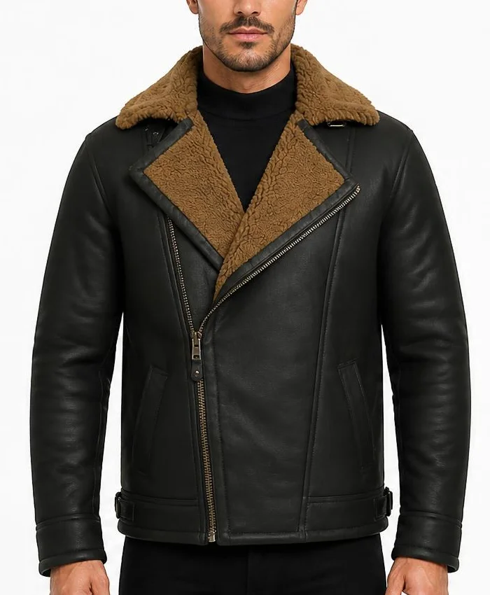 Mens B-3 Anderson Black Sheepskin Shearling Leather Jacket