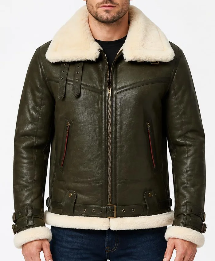 Mens B-3 Army Green Shearling Leather Jacket