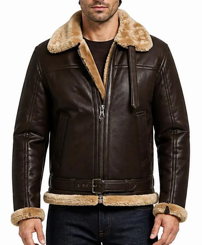 Mens B-3 Aviator Shearling Fur Brown Leather Jacket