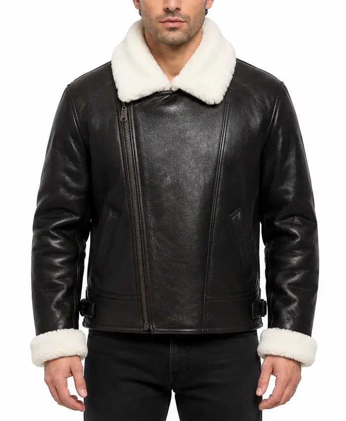 Mens B-3 Aviator Shearling Fur Sheepskin Leather Jacket