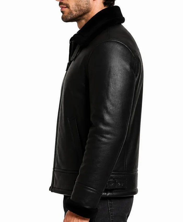 Mens B-3 Black Aviator Shearling Fur Sheepskin Leather Jacket