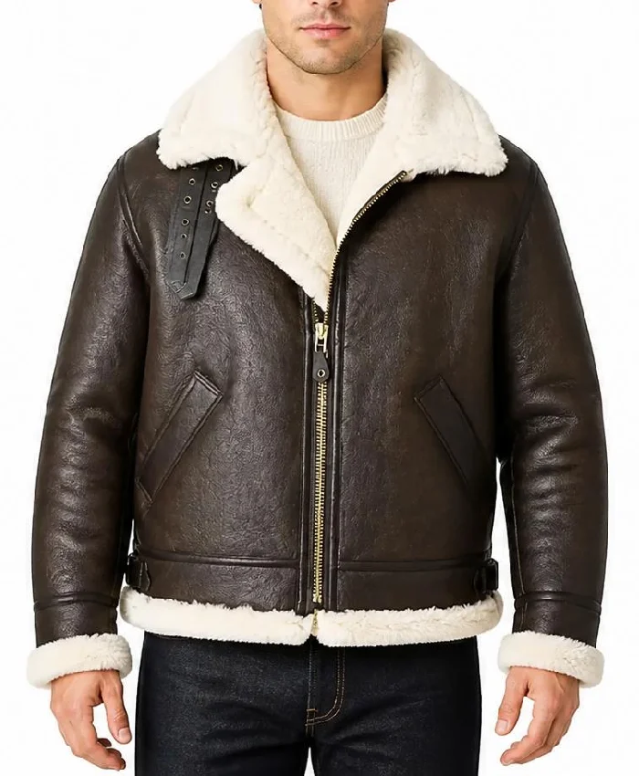 Mens B-3 Black Aviator Shearling Sheepskin Leather Jacket