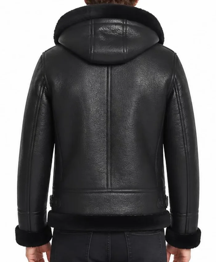 Mens B-3 Black Hooded Leather Jacket