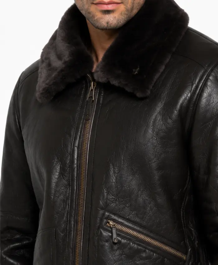 Mens B-3 Black Shearling Fur Leather Jacket