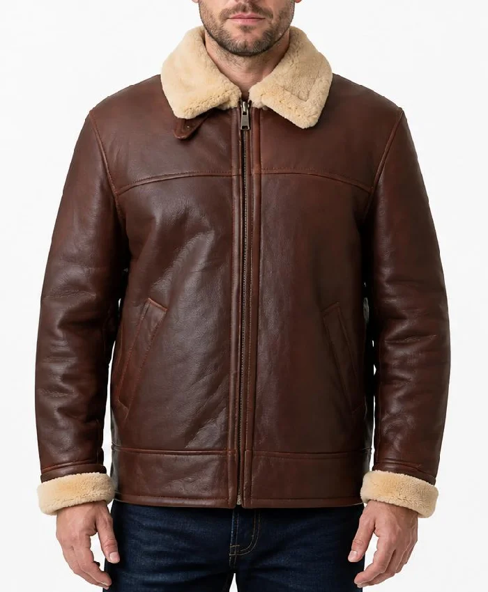 Mens B-3 Brown Aviator Shearling Leather Jacket