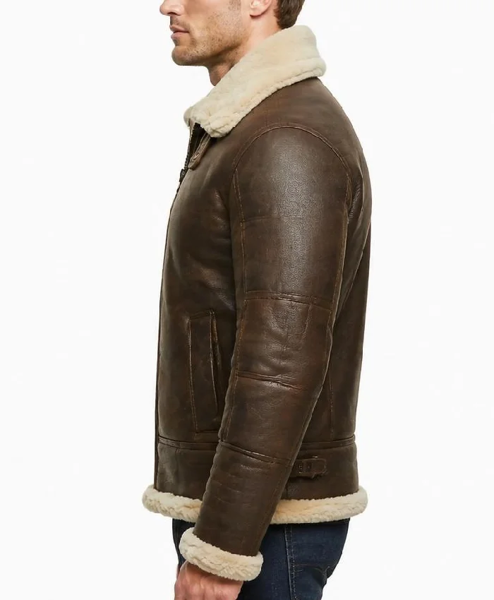 Mens B-3 Brown Sheepskin Flying Leather Jacket