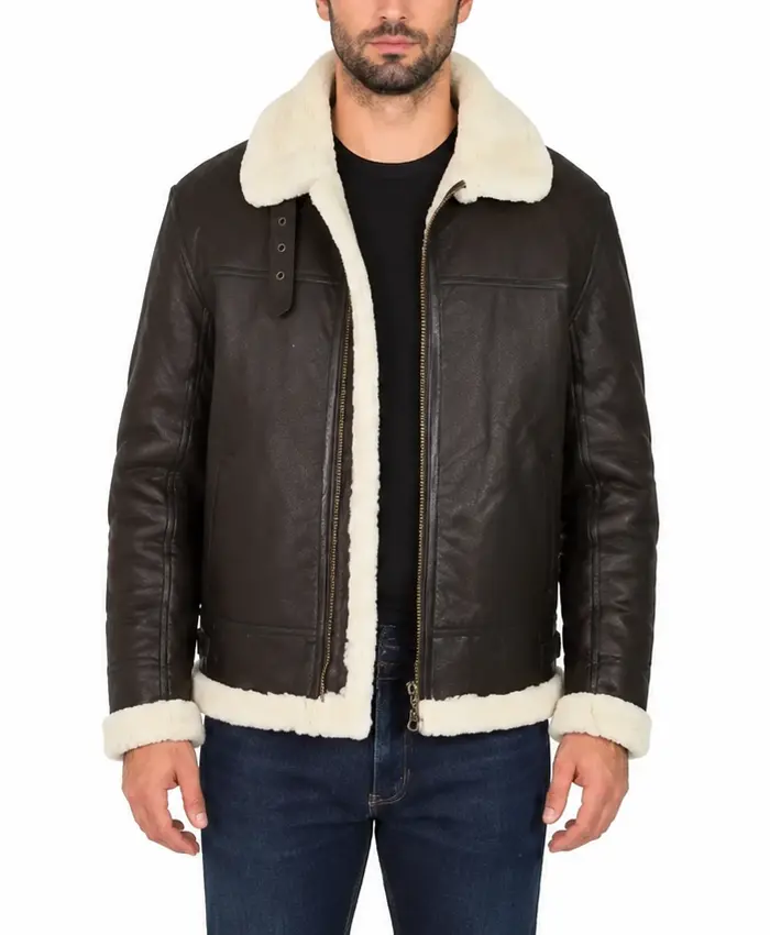 Mens B-3 Shearling Fur Jet Black Leather Jacket