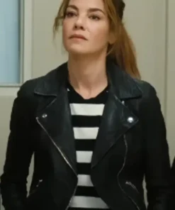 Michelle Monaghan Movie The Family Plan 2023 Black Biker Leather Jacket
