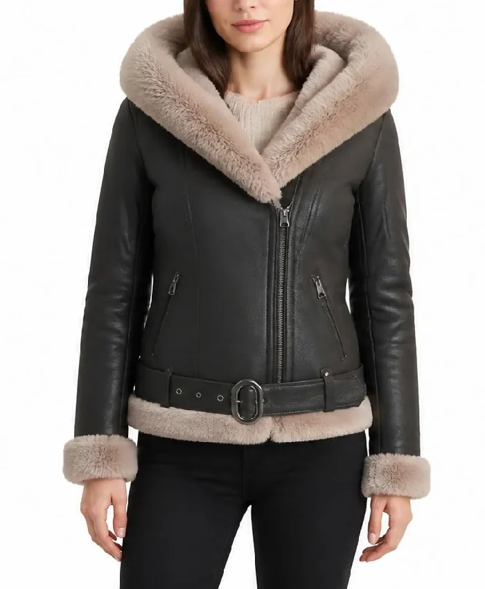 Shearling Brown Biker Leather Jacket For Womens