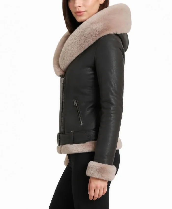 Shearling Brown Biker Leather Jacket Women