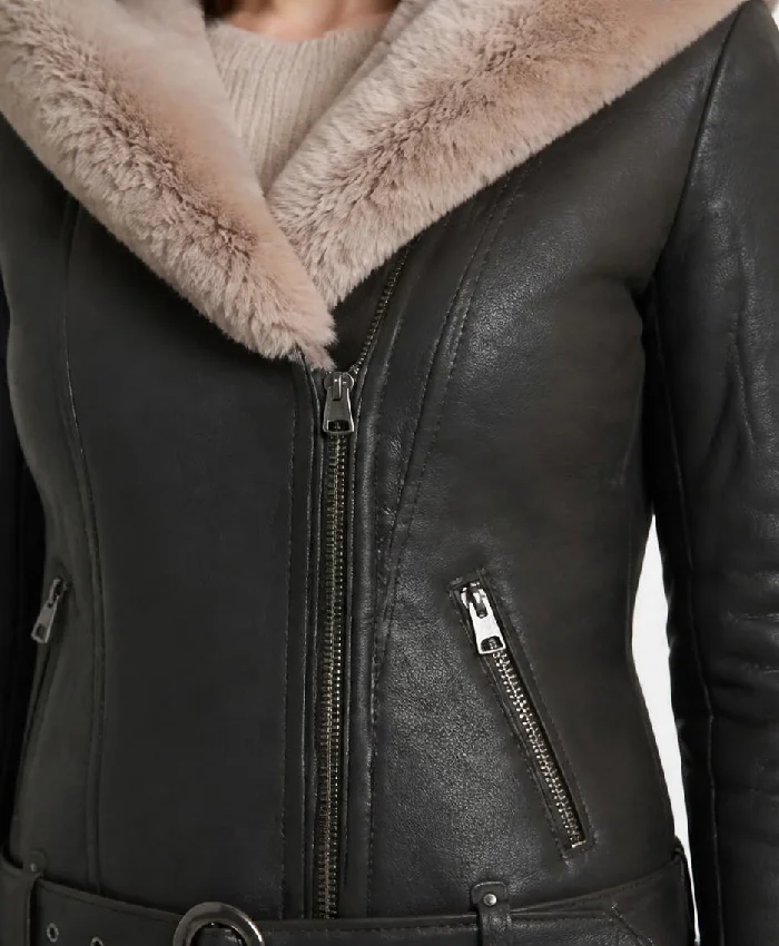 Shearling Brown Biker Leather Jacket Womens