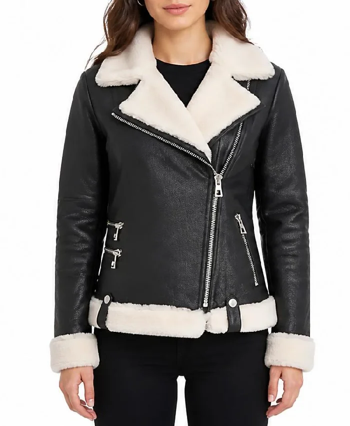 Womens B-3 Black Motorcycle Shearling Leather Jacket