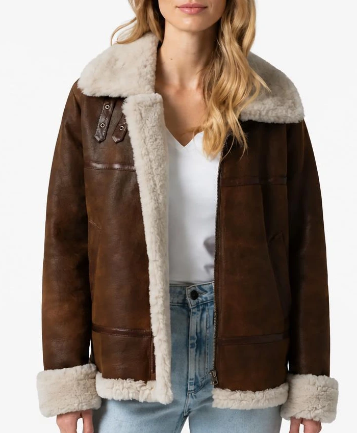 Womens B-3 Sheepskin Shearling Dark Brown Leather Jacket