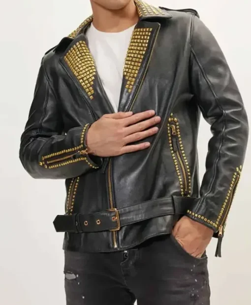 Black And Gold Biker Leather With Pyramid Studs Jacket
