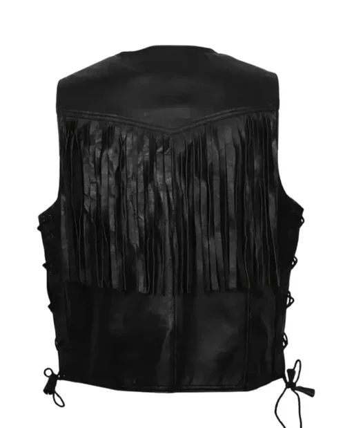 Buy Now Western Cowboy Fringe Black Leather Vest For Men And Women