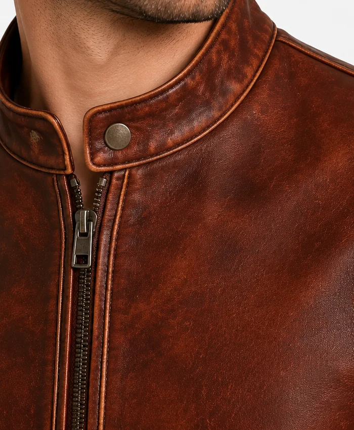 Classic Casual Vintage Biker Leather Jacket Close Up