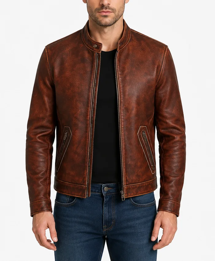 Classic Casual Vintage Biker Leather Jacket Front