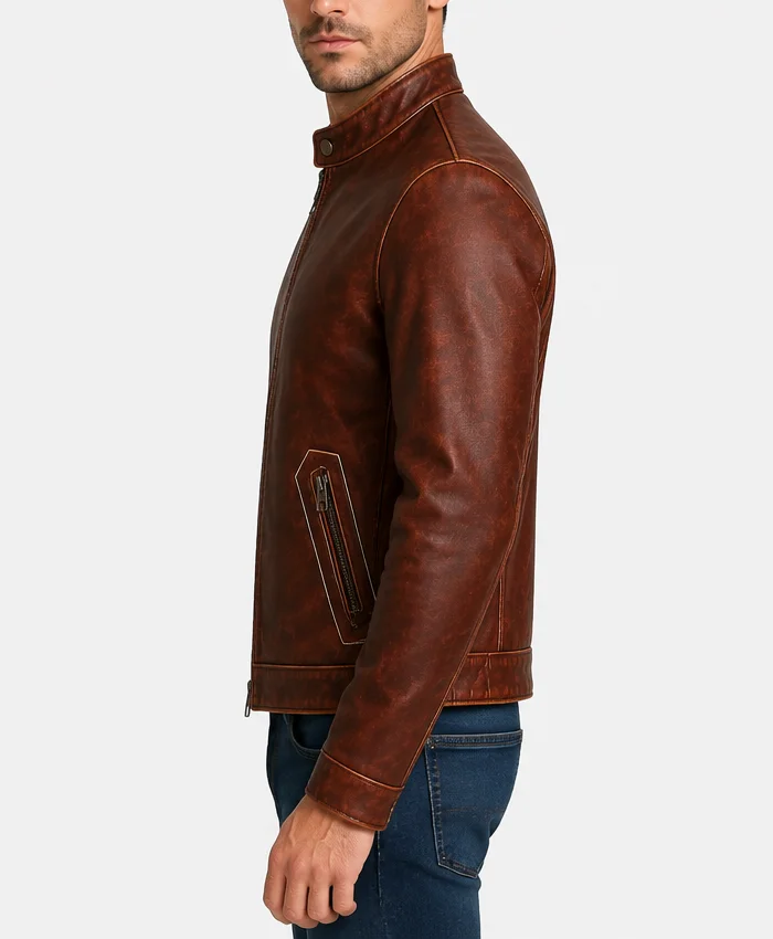 Classic Casual Vintage Biker Leather Jacket Side