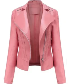 Evelyn Hot Pink Studded Biker Leather Jacket