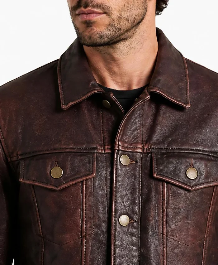 Fashionable Brown Leather Racer Jacket Men