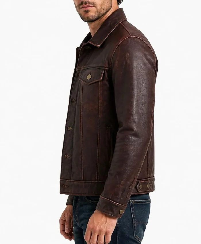 Fashionable Brown Leather Racer Jacket Mens