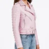 LJB Pink Spike Skeleton Studs Leather Jacket For Womens