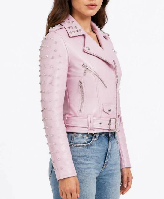 LJB Pink Spike Skeleton Studs Leather Jacket For Womens