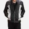 Men Black With Spiked Studded On Shoulder Leather Jacket
