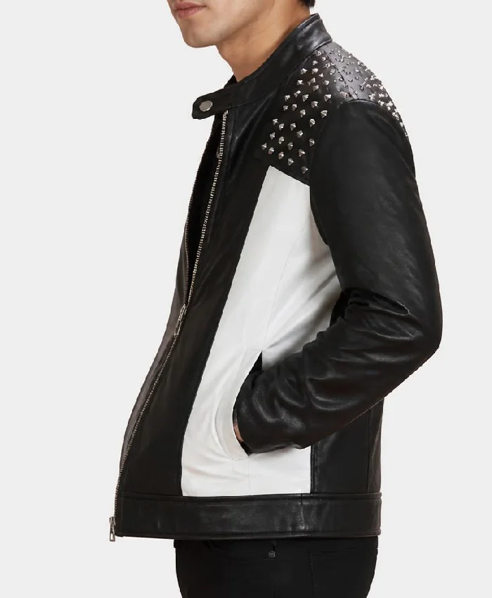 Mens Black With Spiked Studded On Shoulder Leather Jacket