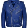 Men’s Classic Motorcycle Blue Studded Biker Leather Jacket
