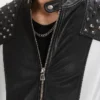 Mens With Spiked Studded On Shoulder Leather Black Jacket