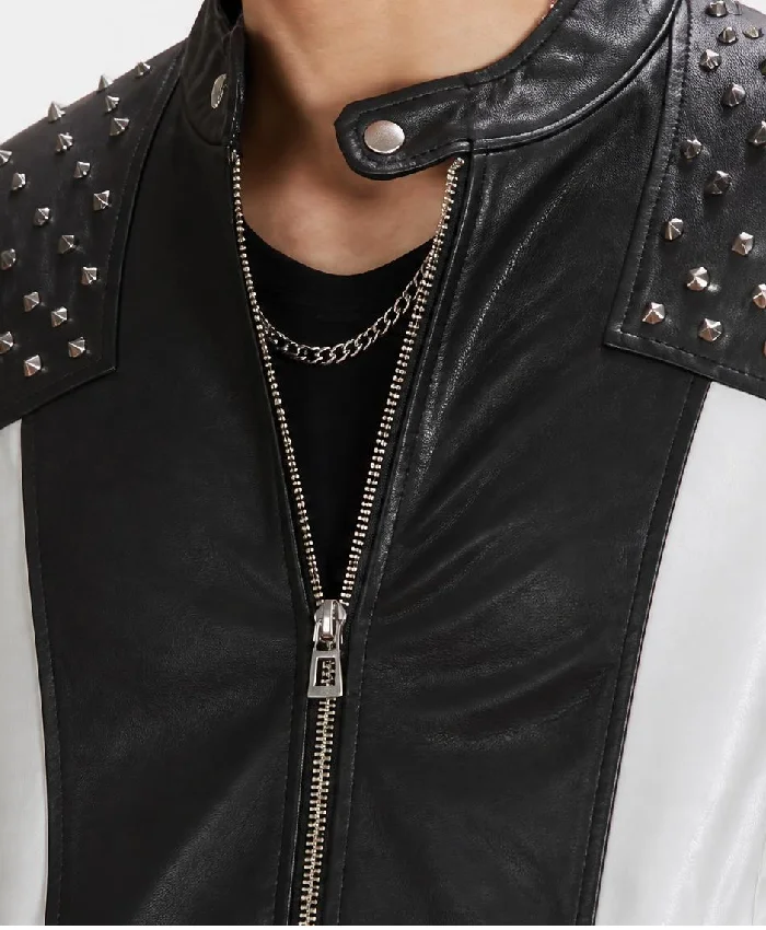 Mens With Spiked Studded On Shoulder Leather Black Jacket