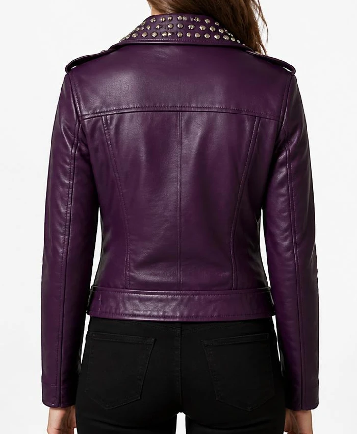 Purple Biker Studded Leather Jacket For Women