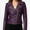 Purple Biker Studded Leather Jacket For Womens