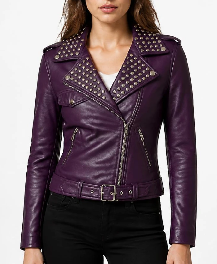 Purple Biker Studded Leather Jacket For Womens