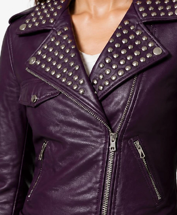 Purple Biker Studded Leather Jacket Women