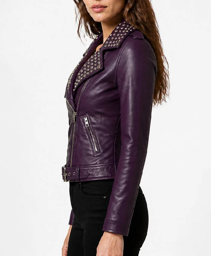 Purple Biker Studded Leather Jacket Womens