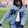 Simone Biles Vikings Vs Bears Game Custom Denim Bomber Jacket