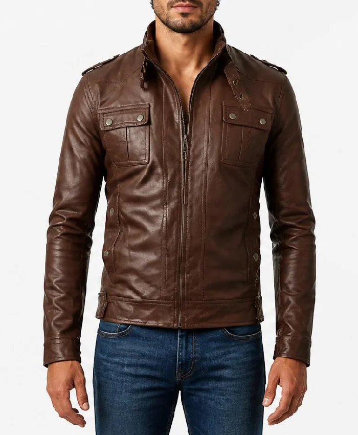 Slimfit Brown Strap Pocket Jacket For Mens