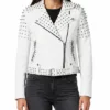 White Biker Leather With Cone Studs Jacket For Women