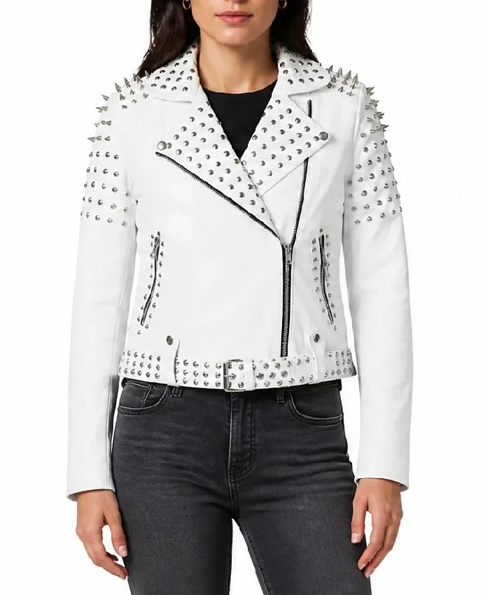 White Biker Leather With Cone Studs Jacket For Women