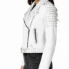 White Biker Leather With Cone Studs Jacket Women