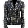 Women Black Biker With Round Cap Studded Leather Jacket