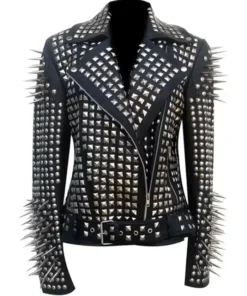 Women Black Biker With Round Cap Studded Leather Jacket