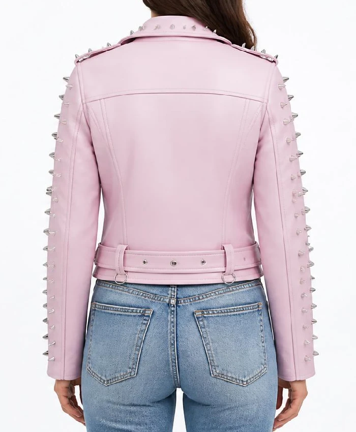 Women LJB Pink Spike Skeleton Studs Leather Jacket