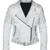 Women White Biker Leather With Cone Studs Jacket