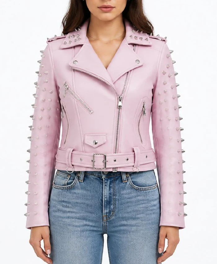 Womens LJB Pink Spike Skeleton Studs Leather Jacket